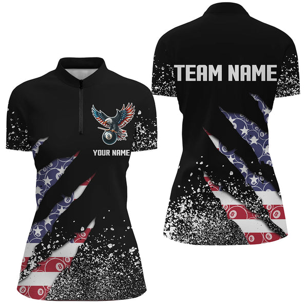 Custom Ball 8 US Flag Black Grunge Women Billiard Polo & Quarter-Zip Shirt Best Billiard Team Jersey TDM1649