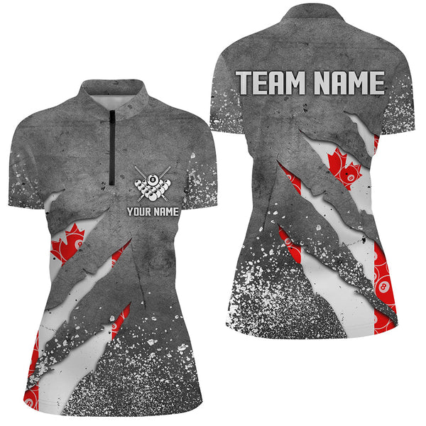 Custom Ball 8 Canada Flag Grey Grunge Women Billiard Polo & 1/4 Zip Shirt Best Billiard Team Jersey TDM1650