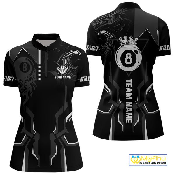 Customized 8 Ball Pool Crown Women Billiard Shirt, White And Black Billiard Team Shirt, Pool Jersey TDM4053