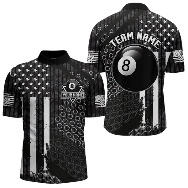 Personalized Black White American Flag Billiard Shirts For Men, Patriotic 8 Ball Billiard Jerseys TDM3476