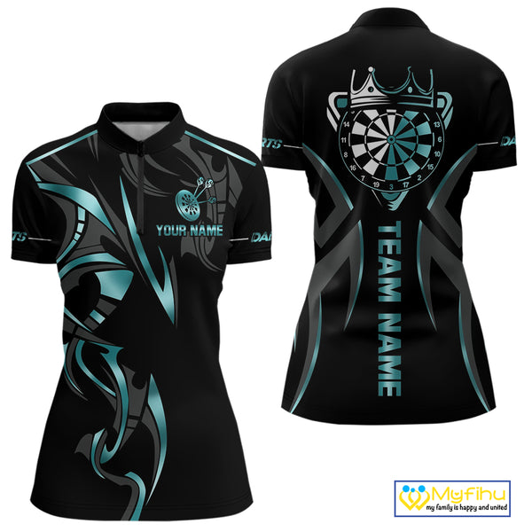 Black And Turquoise Dartboard Crown Dart Shirts For Women Custom Dart Jersey Team Polo & Quarter Zip TDM4061