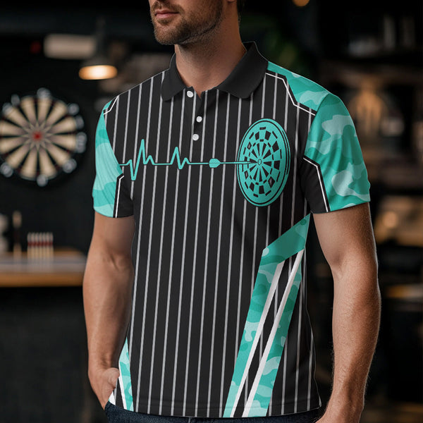 Turquoise Camo Dartboard Pulse Heartbeat Custom Men Dart Shirts, Funny Wings Cool Dart Team Jerseys TDM3618