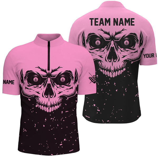 Custom Grunge Pink Black Skull Billiard Men Jerseys Shirts, 8 Ball Billiards Apparel Clothing TDM1876