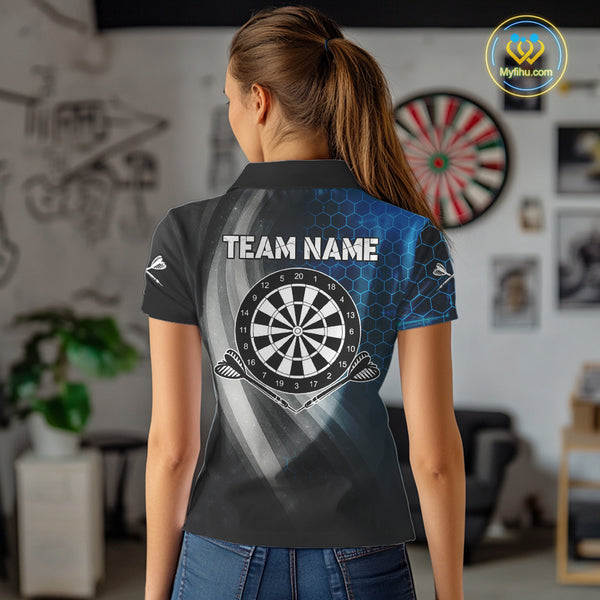 Custom Women's Dart Shirt – Black Blue Hexagon Design Darts Team Jersey | Polo & Quarter Zip Uniform TDM4074