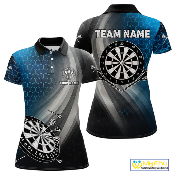 Custom Women's Dart Shirt – Black Blue Hexagon Design Darts Team Jersey | Polo & Quarter Zip Uniform TDM4074