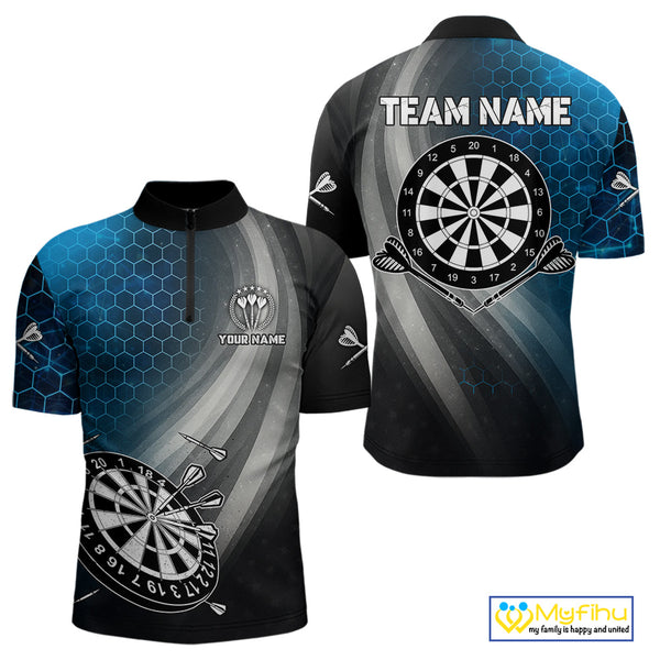 Custom Men's Dart Shirt – Black Blue Hexagon Design Darts Team Jersey | Polo & Quarter Zip Uniform TDM4074