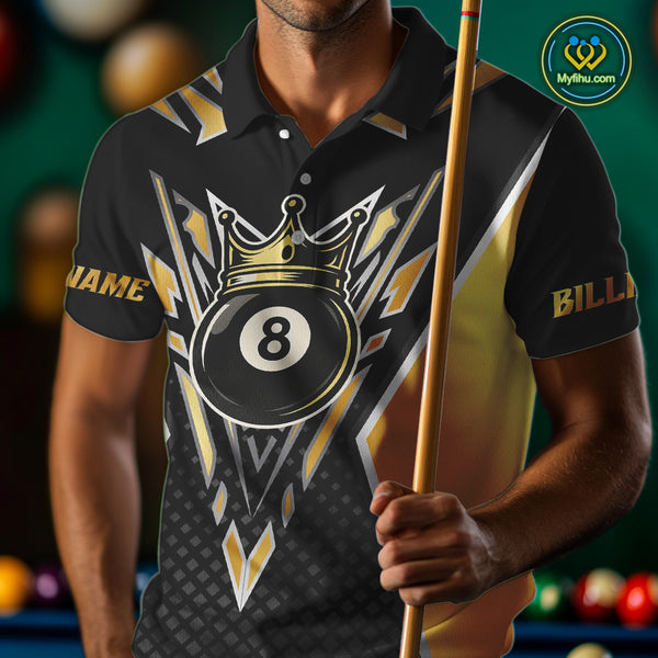 Customized 8 Ball Pool Crown Men Billiard Shirts, Gold And Black Billiard Team Shirts, Pool Jersey TDM4078
