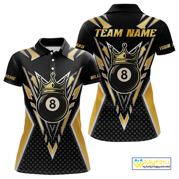 Customized 8 Ball Pool Crown Women Billiard Shirts, Gold And Black Billiard Team Shirts, Pool Jersey TDM4078