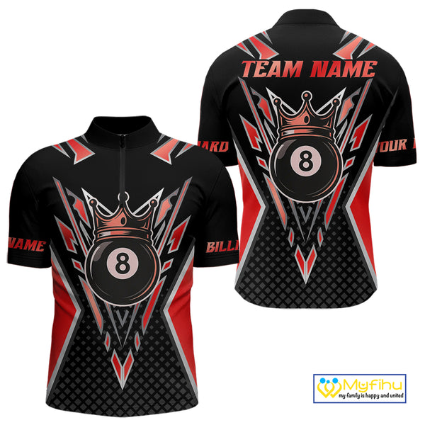 Customized 8 Ball Pool Crown Men Billiard Shirts, Red And Black Billiard Team Shirts, Pool Jersey TDM4079