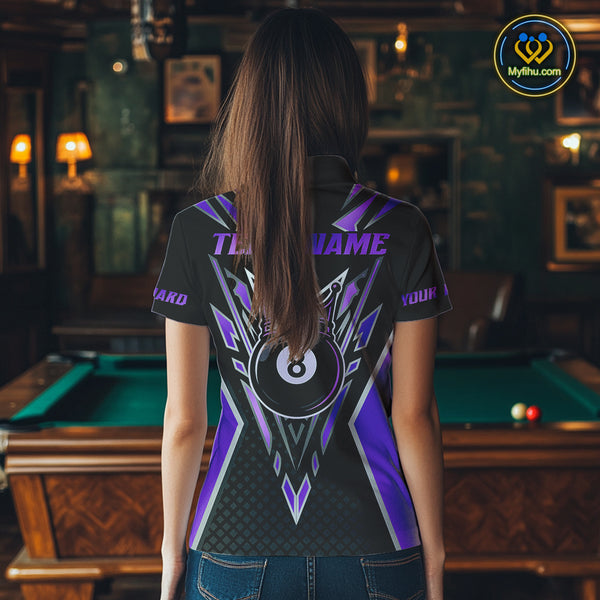 Customized 8 Ball Pool Crown Women Billiard Shirt, Black And Purple Billiard Team Shirt, Pool Jersey TDM4080