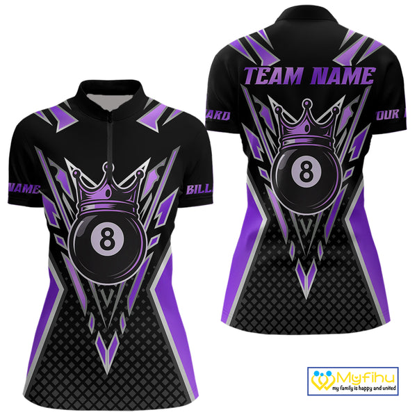 Customized 8 Ball Pool Crown Women Billiard Shirt, Black And Purple Billiard Team Shirt, Pool Jersey TDM4080