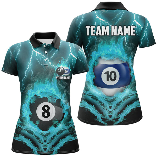 Billiard 8 & 10 Ball Fire Lightning Women Polo & 1/4 Zip Shirts Custom Billiard Jersey |Turquoise TDM1915