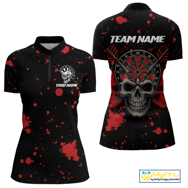 Black And Red Paint Skull Dart Shirts For Women Custom Dart Jersey, Darts Team Shirt Polo & 1/4 Zip TDM4086