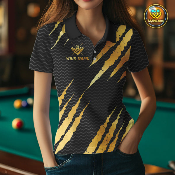 Black And Gold Scratch Billiard Shirts For Women Custom 8 Ball Crown Pool Team Jersey Polo & 1/4 Zip TDM4095