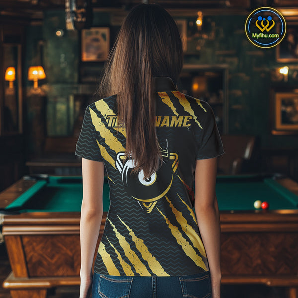 Black And Gold Scratch Billiard Shirts For Women Custom 8 Ball Crown Pool Team Jersey Polo & 1/4 Zip TDM4095