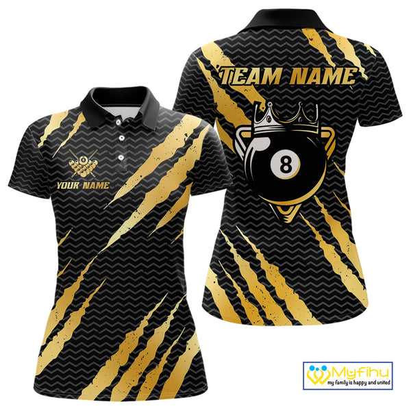 Black And Gold Scratch Billiard Shirts For Women Custom 8 Ball Crown Pool Team Jersey Polo & 1/4 Zip TDM4095