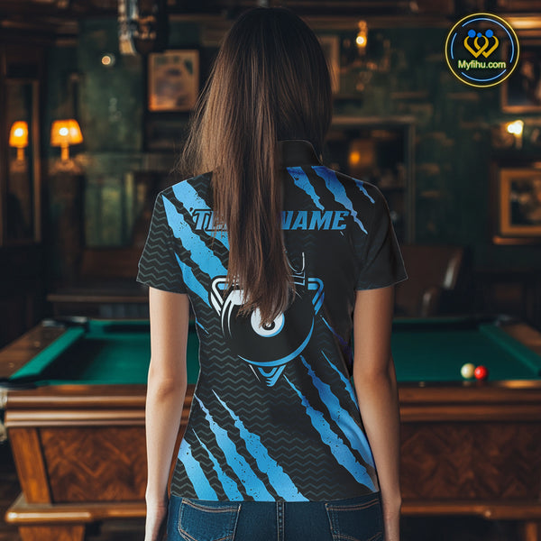 Black And Blue Scratch Billiard Shirts For Women Custom 8 Ball Crown Pool Team Jersey Polo & 1/4 Zip TDM4097