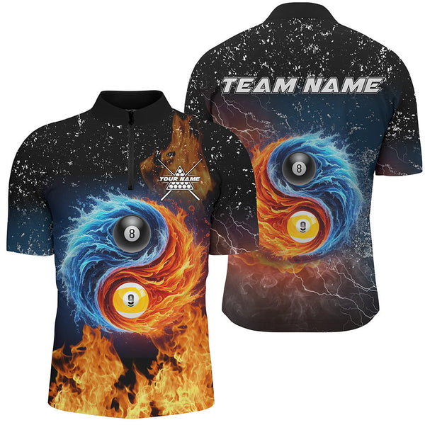 3D Billiard 8 Ball & 9 Ball Water Fire Customized Grunge Men Polo, 1/4 Zip Shirts, Billiard Jerseys TDM2382