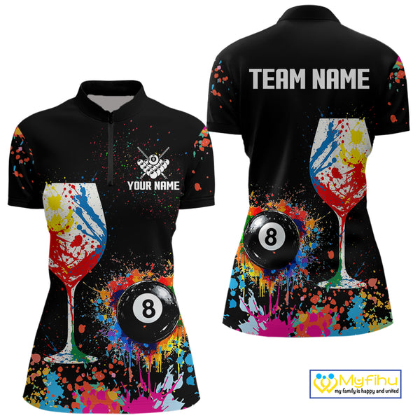 Personalized Colorful Splash 8 Ball Billiard Shirts For Women, Funny Wine Glass Custom Pool Jerseys TDM4100