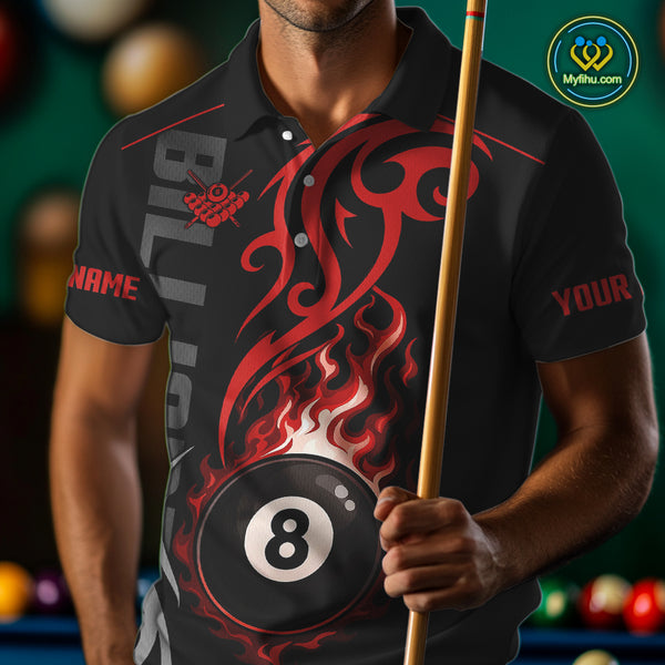 Black And Red Tribal Flame 8 Ball Pool Billiards Shirts For Men Custom Pool Team Jerseys TDM4101
