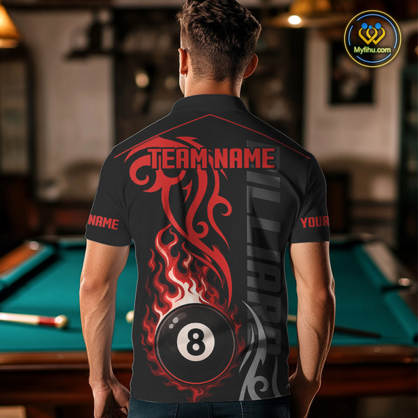Black And Red Tribal Flame 8 Ball Pool Billiards Shirts For Men Custom Pool Team Jerseys TDM4101