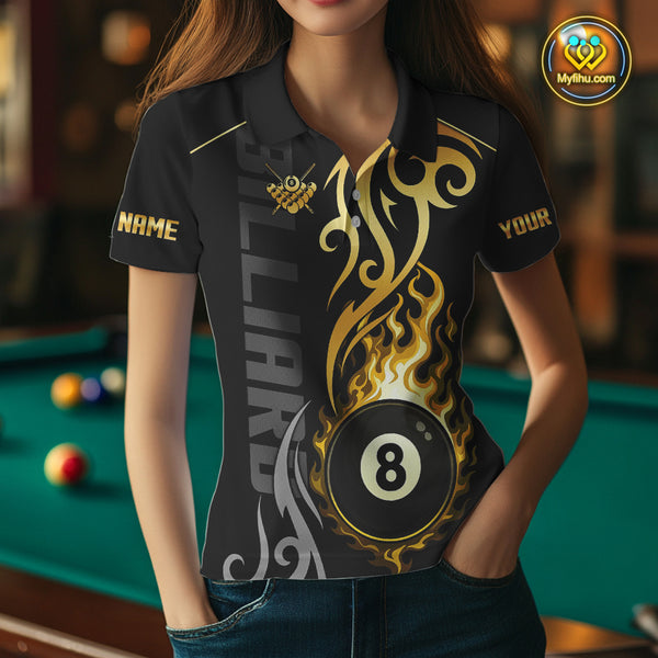 Black And Gold Tribal Flame 8 Ball Pool Billiards Shirts For Women Custom Pool Team Jerseys TDM4102