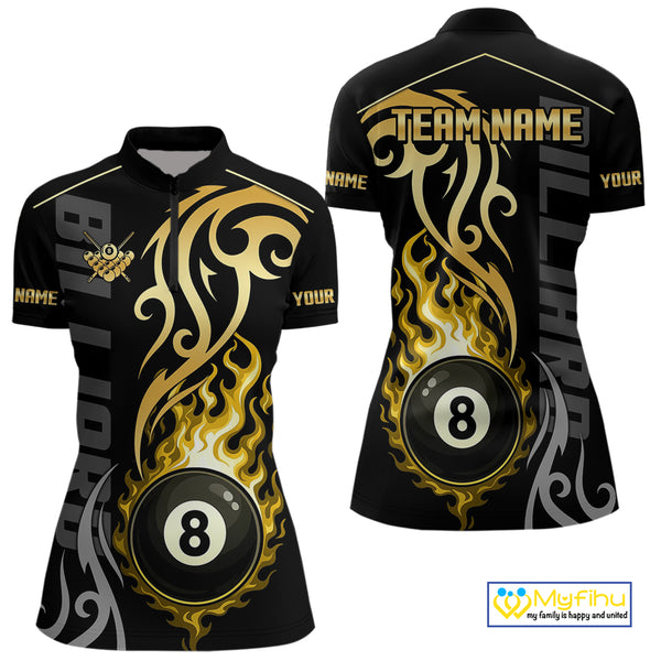 Black And Gold Tribal Flame 8 Ball Pool Billiards Shirts For Women Custom Pool Team Jerseys TDM4102