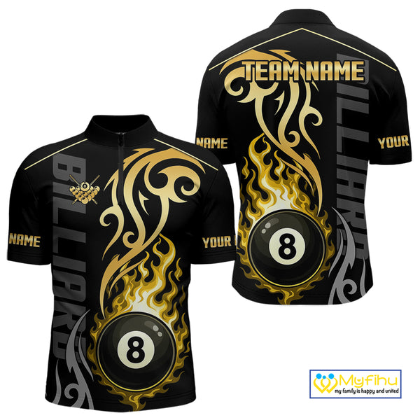 Black And Gold Tribal Flame 8 Ball Pool Billiards Shirts For Men Custom Pool Team Jerseys TDM4102