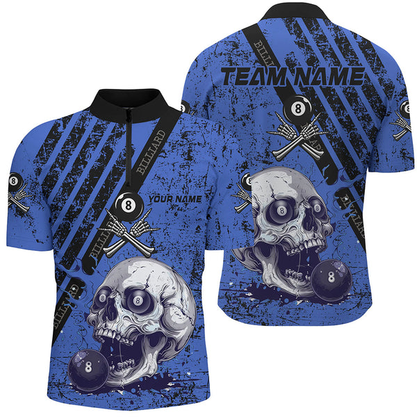 Personalized Grunge Blue Billiard Skull Custom Men Billiard Shirts, Billiard Pool Team Club Uniform TDM1930