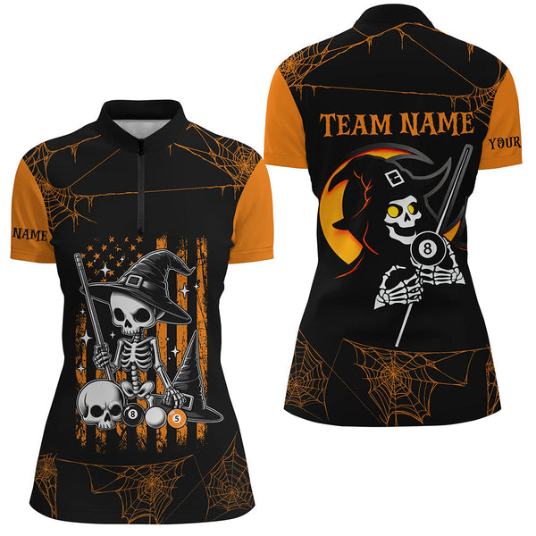 Funny Skeleton US Flag Billiard Halloween Shirts For Women Custom Black Orange Billiard Jerseys TDM2407