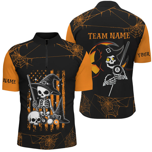 Funny Skeleton US Flag Billiard Halloween Shirts For Men Custom Black Orange Billiard Jerseys TDM2407