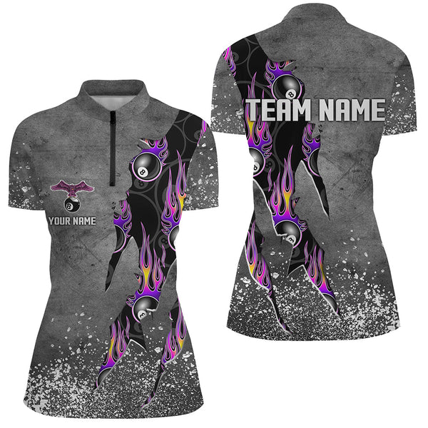 Custom Ball 8 Grey Grunge Billiard Shirts For Women Best Custom Team Name Billiard Jerseys |Purple TDM1560