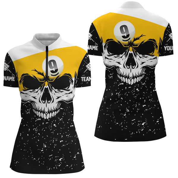 Funny Skull 9 Ball Pool Custom Grunge Black White Billiard Shirts For Women, Billiard Jerseys Apparel TDM2139