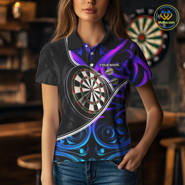 Neon Purple Blue Tribal Pattern Dart Shirts For Women Custom Dart Jerseys Team Polo & Quarter Zip TDM3823