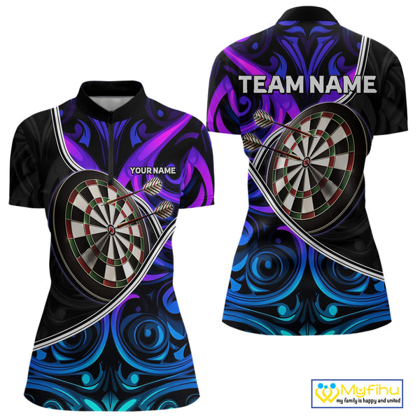 Neon Purple Blue Tribal Pattern Dart Shirts For Women Custom Dart Jerseys Team Polo & Quarter Zip TDM3823