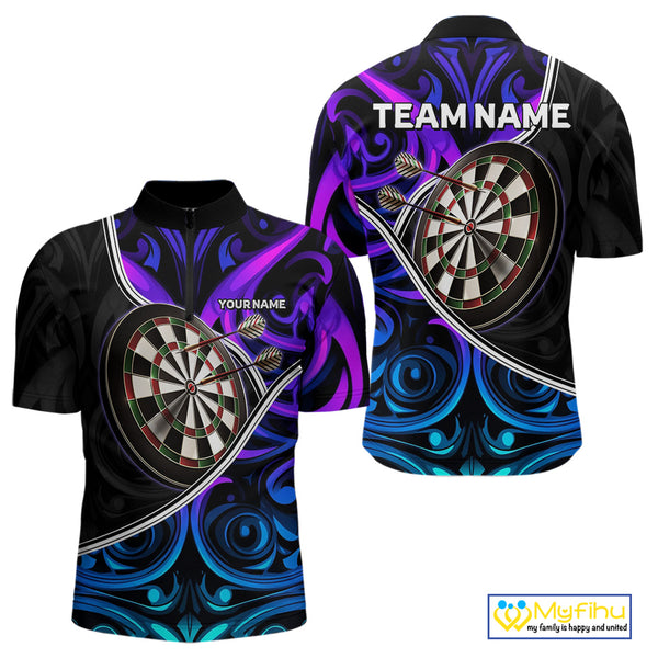 Neon Purple Blue Tribal Pattern Dart Shirts For Men Custom Dart Jerseys Team Polo & Quarter Zip TDM3823