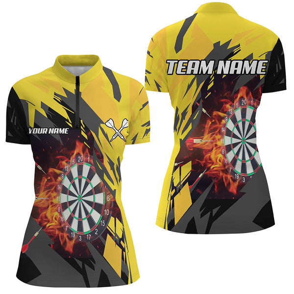Personalized 3D Darts Board Fire Flame Women Darts Polo & Quartet-Zip Shirts, Yellow Darts Team Jersey TDM1729