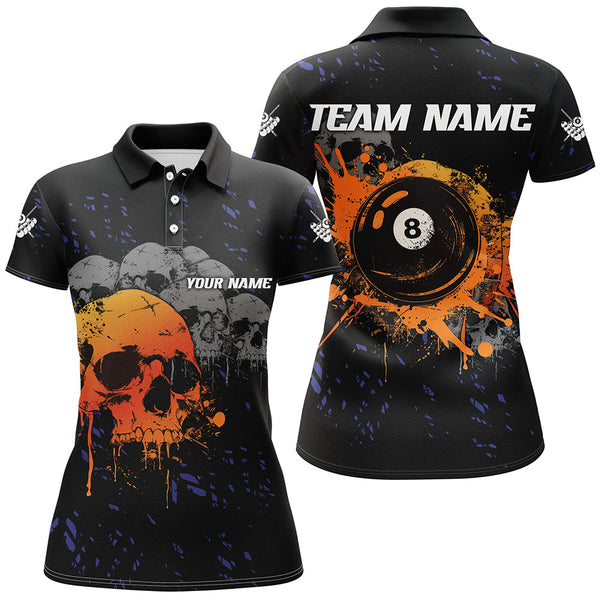 Custom Grunge Orange Skull 8 Ball Pool Women Billiard Polo & Quarter-Zip Shirts, Pool Player Shirts TDM1733
