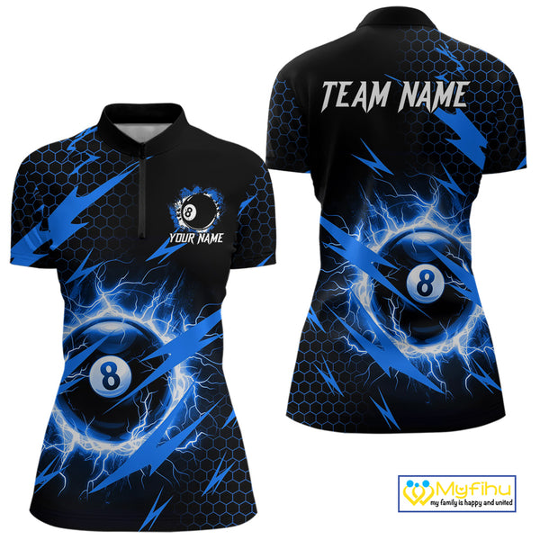 Blue 8 Ball Pool Thunder Lightning Storm Women's Billiard Shirt Custom Billiard Jersey Polo & 1/4 Zip TDM3832