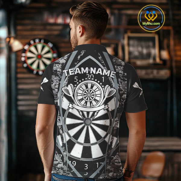 Personalized Grunge Grey Pixel Camo Dart Shirts For Men, Dart Jerseys Team Polo & Quarter Zip TDM3954