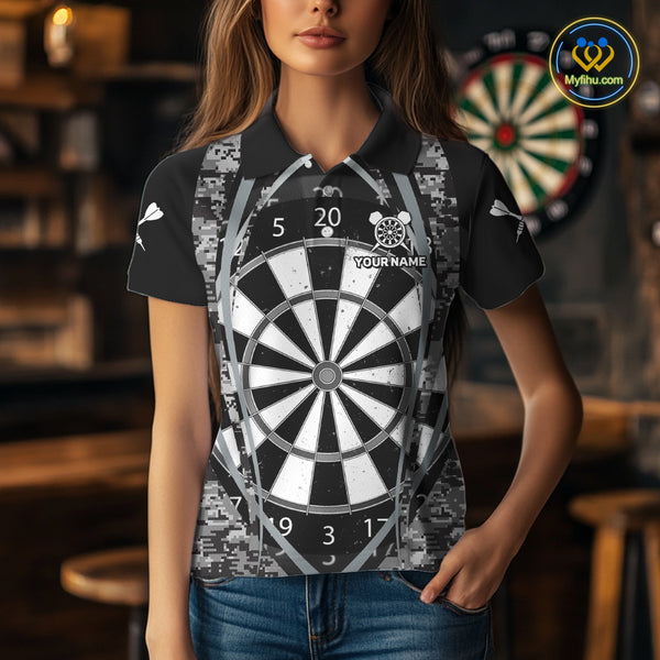 Personalized Grunge Grey Pixel Camo Dart Shirts For Women, Dart Jerseys Team Polo & Quarter Zip TDM3954