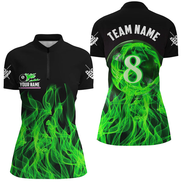 Green Flaming 8 Ball Pool Custom Women Billiard Polo & 1/4 Zip Shirts, 3D Pool Player Shirts Jerseys TDM2436
