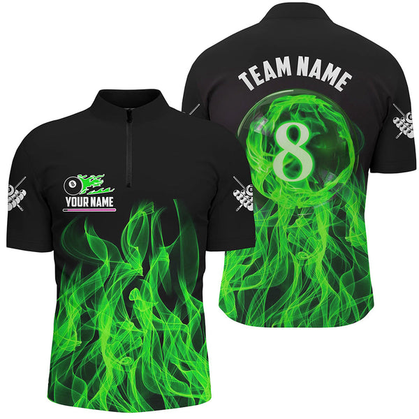 Green Flaming 8 Ball Pool Custom Men Billiard Polo & 1/4 Zip Shirts, 3D Pool Player Shirts Jerseys TDM2436