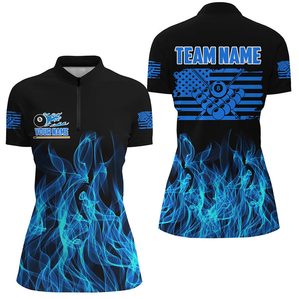 3D Blue Flaming American Flag Women Billiard Shirt Custom Patriotic Pool Player Shirt Billiard Jersey TDM3163