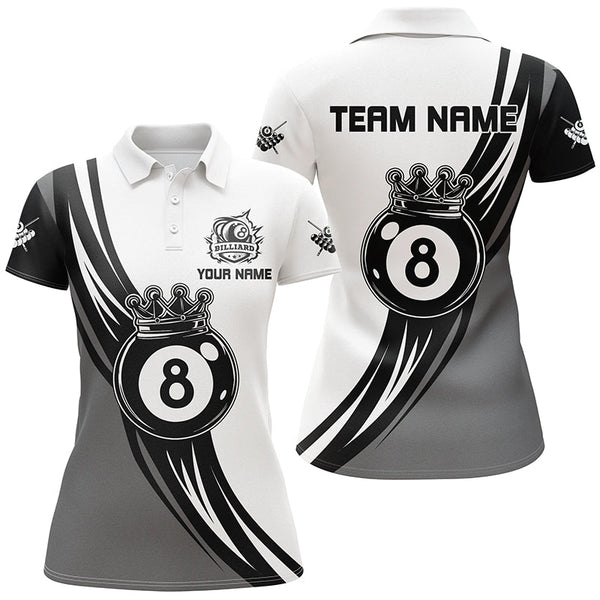 Personalized Black White 8 Ball Pool Crown Women Billiard Shirts, Best Billiard 8 Ball Team Jerseys TDM1772
