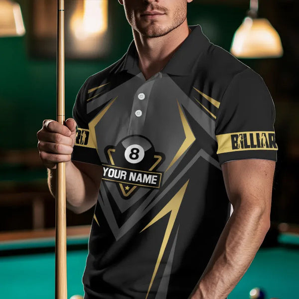 Customized 8 Ball Pool Crown Men Billiard Shirts, Gold And Black Billiard Team Shirts Pool Jerseys TDM3689