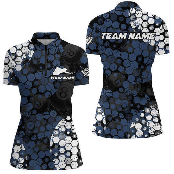 Personalized Blue And White Hive Billiard Shirts For Women Custom Grunge Retro Billiard Jerseys TDM1592