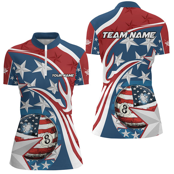 8 Ball Pool American Flag Pattern Custom Billiard Shirts For Women, Patriotic Billiard Apparel Attire TDM2191
