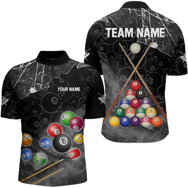 Personalized 8 Ball Pattern Smoke Men Billiard Shirts Custom 3D Billiard Balls Pool Jerseys | Black TDM3190