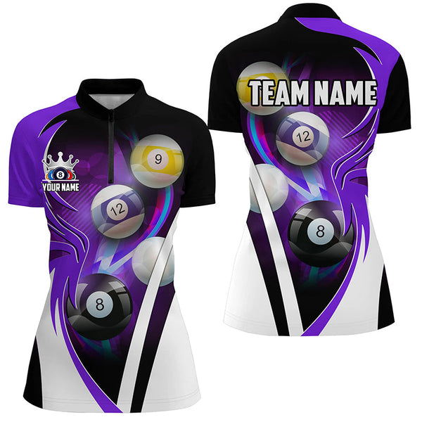 Personalized Billiard Tournament Shirts For Women Custom Team Name Billiard Balls Pool Jersey |Purple TDM2471
